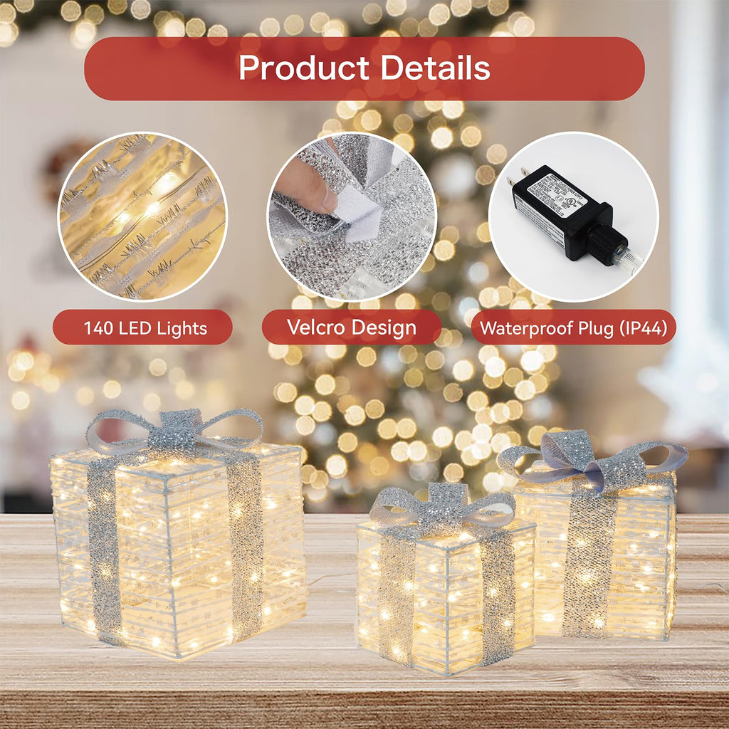 Set of 3 Christmas Lighted Gift Boxes, Plug-in 140 LED Light Up Present Boxes for Christmas Decorations Indoor Home