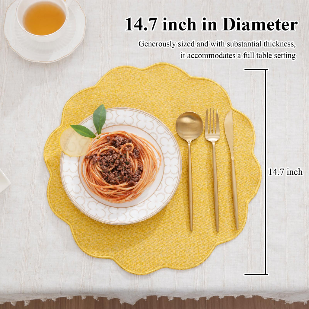 Yellow Round Scalloped Placemats Set of 4 Polyester Linen Blend