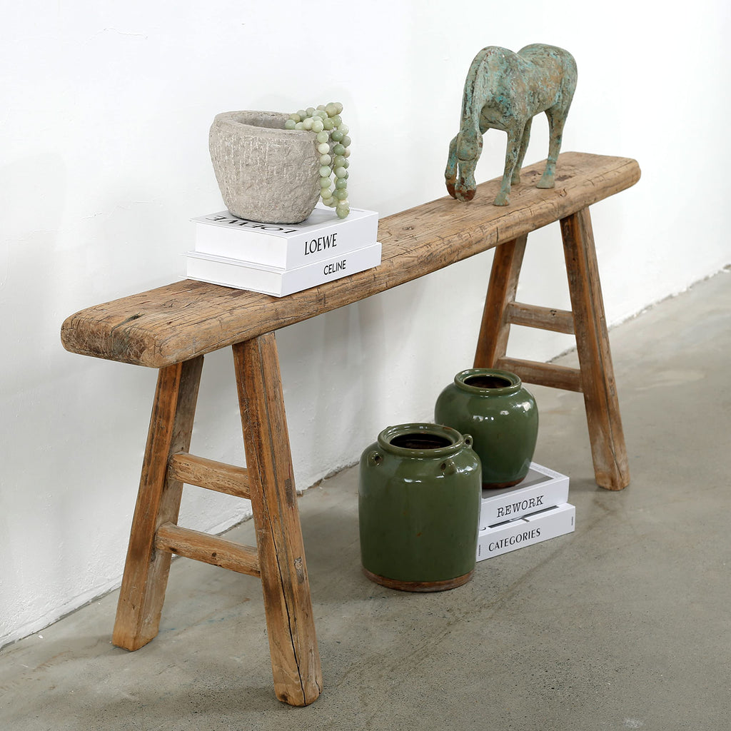 Handmade Wooden Entryway Bench, Vintage Noodle Bench, or Entryway, End of Bed Bench, Weathered Natural Wood Bench