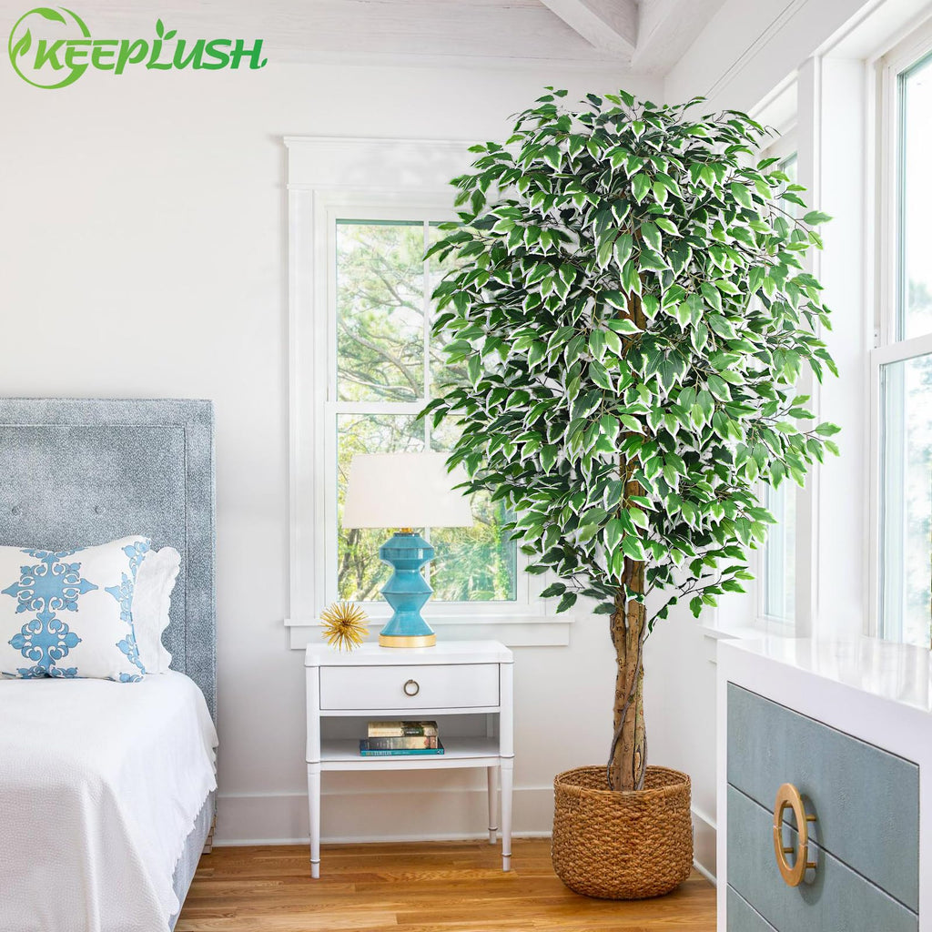 7ft Large Ficus Artificial Trees with Natural Curved Trunks, 84" Tall Lush Faux Tree Decor Indoor, Green Lifelike