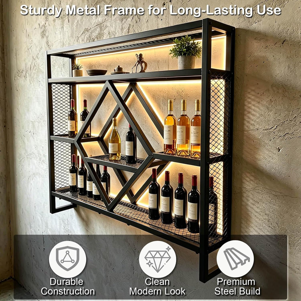 Wall Mounted Wine Rack with LED Light, 39.4in Industrial Metal Wine Bottle Display Shelf with Wine Glass Holder,Large