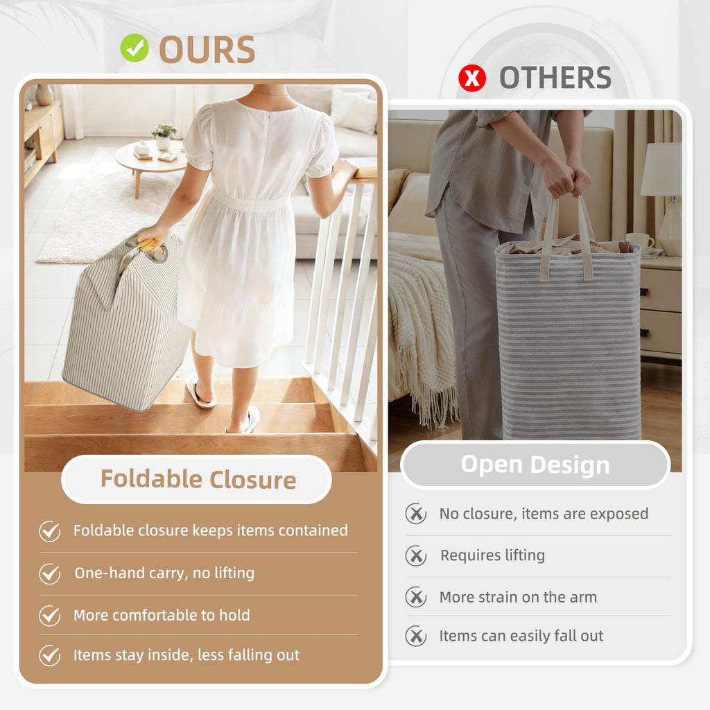 2-Pack Collapsible Laundry Hamper with Bamboo Handle, Stripe