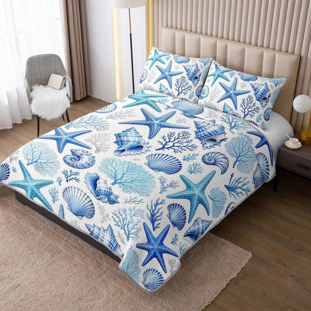 Blue Ocean Quilt Coastal Bedding with 2 Pillowcases.