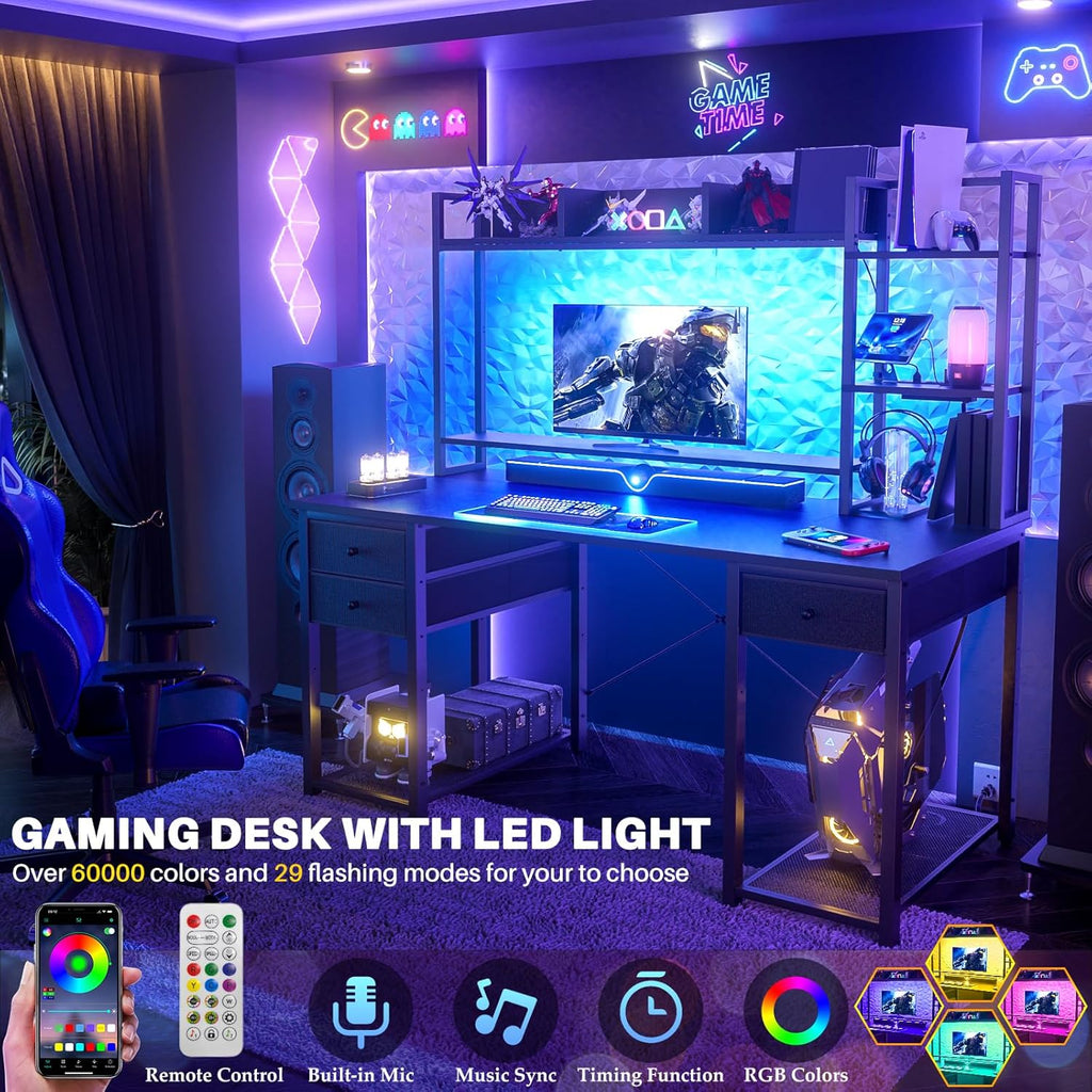 LED Gaming Desk with Hutch, 47.2'' Computer Workstation, Black
