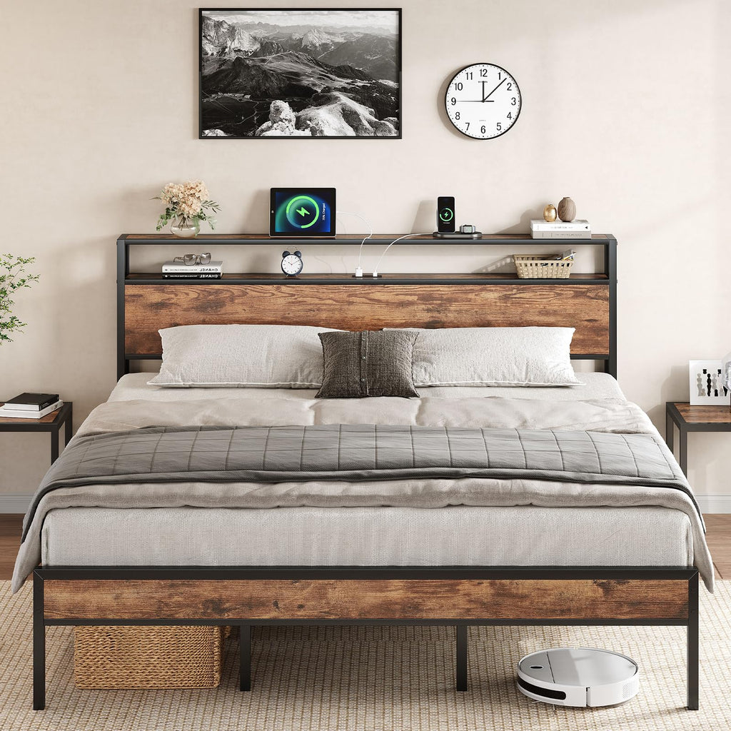 King Size Bed Frame with USB Charging Station & Storage Headboard, Modern Metal Platform Bed with Large Under Bed