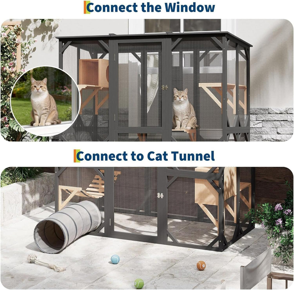 Large Walk-in Wooden Catio for 2-4 Cats - Outdoor Enclosure with Waterproof Roof & Sisal Mark-resistanting Post