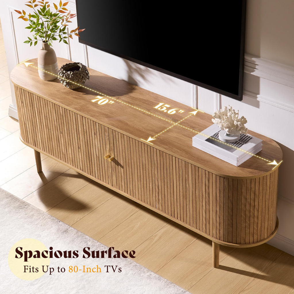 70" Mid-Century Modern Fluted TV Stand with Storage, Natural Oak