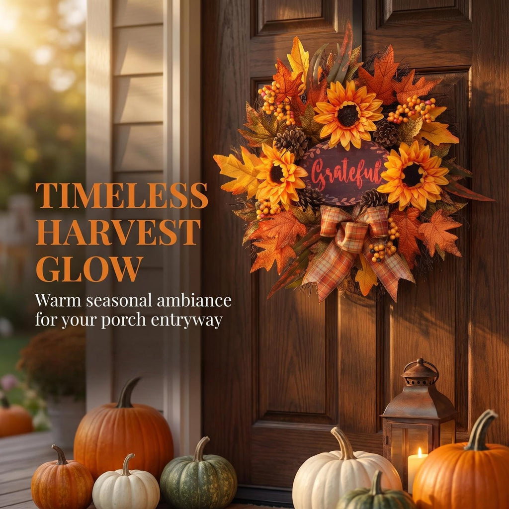 Fall Wreath for Front Door, Autumn Sunflower Wreath, Harvest Decor