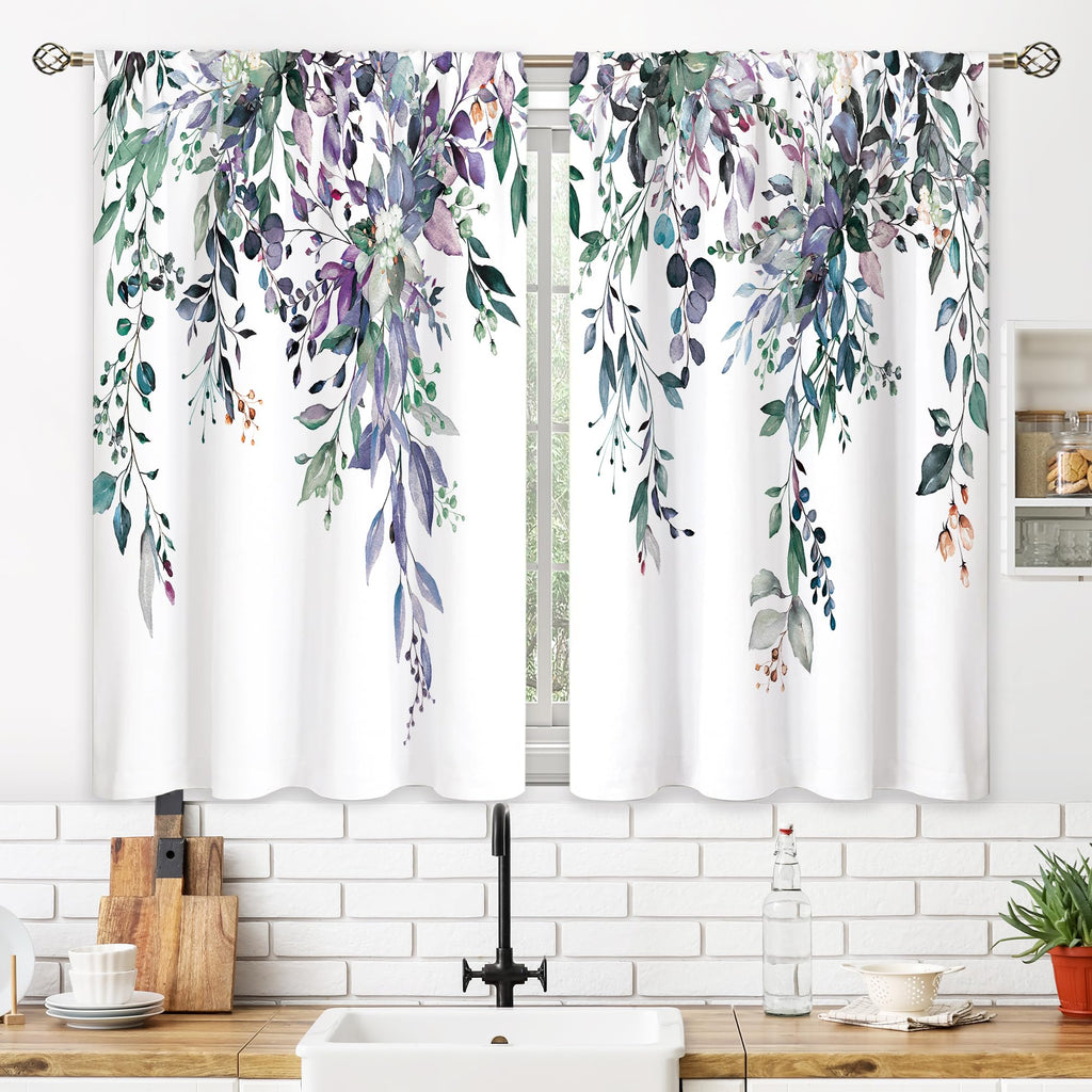 Blue Purple Eucalyptus Botanical Leaves Floral Small Kitchen Curtains Flower Window Treatment Wildflower Plant Cafe