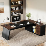 78" L-Shaped Executive Desk, Large Office Desk with Drawers and File Cabinet, Modern Business Furniture (Walnut & Black)