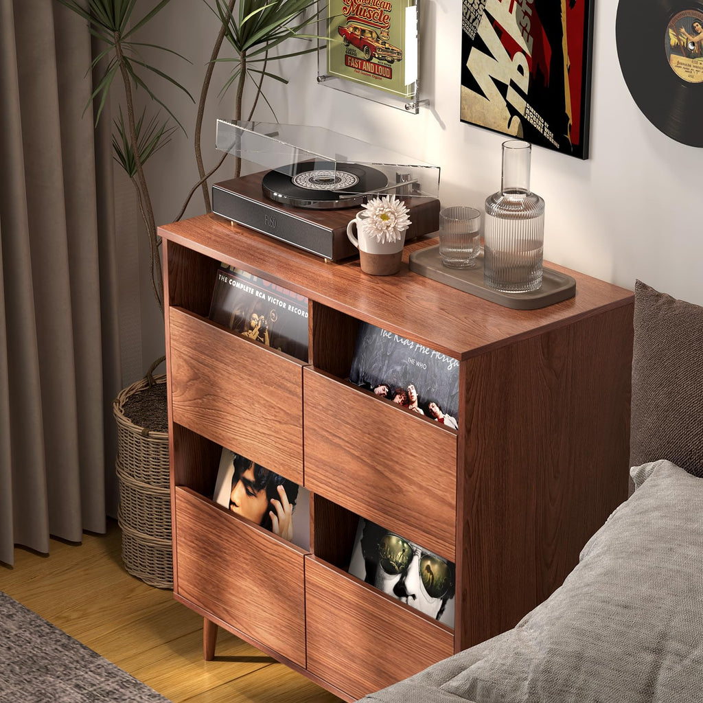 Record Player Stand with Vinyl Storage, Mid-Century, Brown