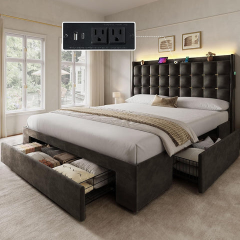 Queen Bed Frame with 3 Storage Drawers and RGB LED Lights