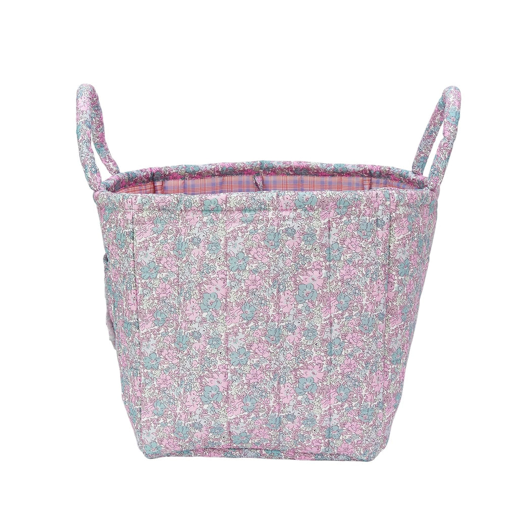 Boho Fabric Storage Basket Quilted Floral Print Baskets Organizer Bin with Handles, Picnic, Shopping (B-Pink