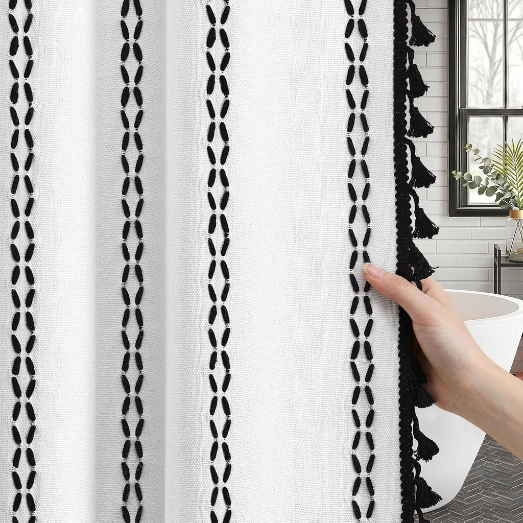 Black and White Boho Shower Curtain, 72" W X 72" L | Farmhouse Linen Striped Fabric with Tassels