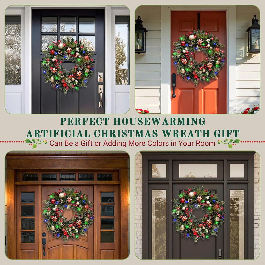 Lighted Christmas Wreath 28'' Artificial with 30 LED Multi-Color