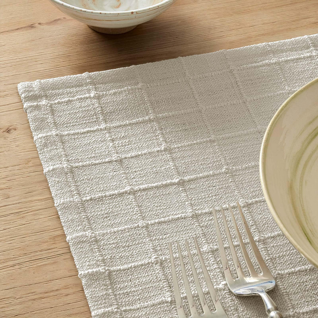 Artisanal Grid Decorative Linen Placemats Set of 4, Ivory