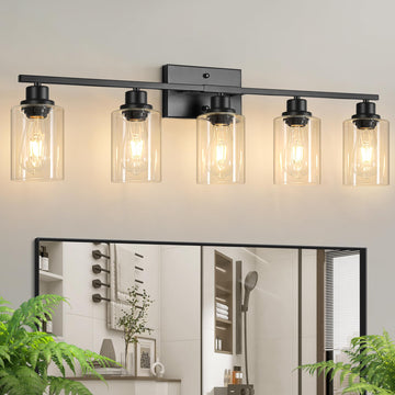 Bathroom Light Fixtures, 5-Light Vanity Light Over Mirror, Matte Black Wall Sconces with Clear Glass Shades, Wall