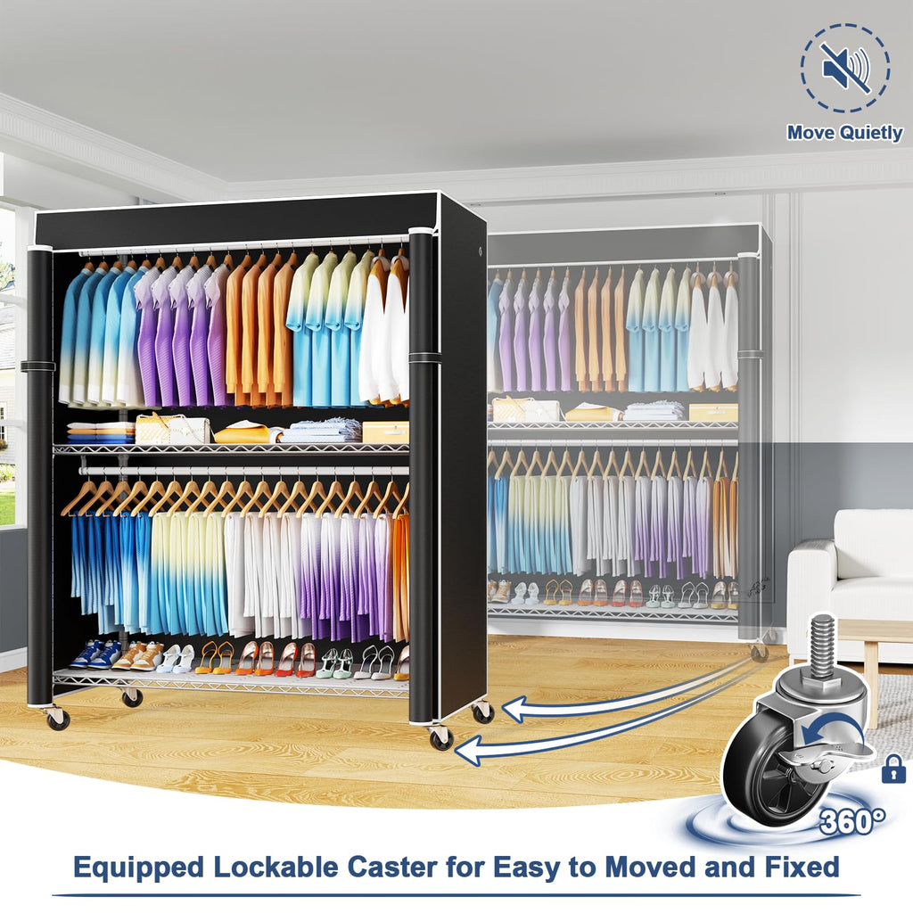 P8C Max Heavy Duty Clothes Rack(With Extended Width Design) Rolling Clothing Racks for Hanging Clothes with Lockable
