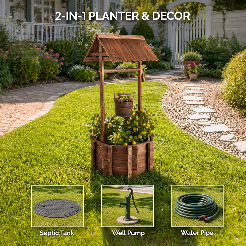Wooden Wishing Well Outdoor Planters, Well Covers for Yard with 2 Reinforced Rods, Height Adjustable Hanging Bucket
