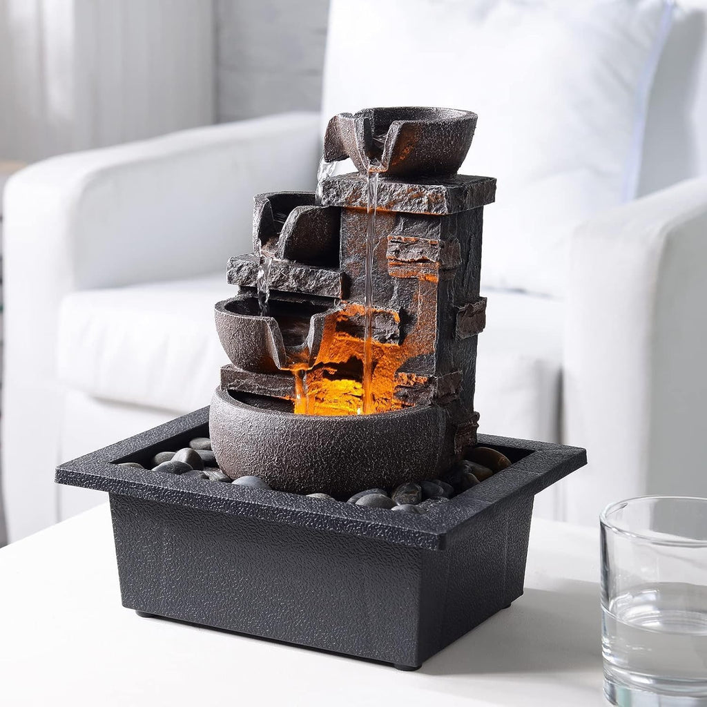 Décor Desktop Fountain - 10" 4-Tier Design with Imitation Stone, Indoor Waterfall Tabletop River Rocks & Resin