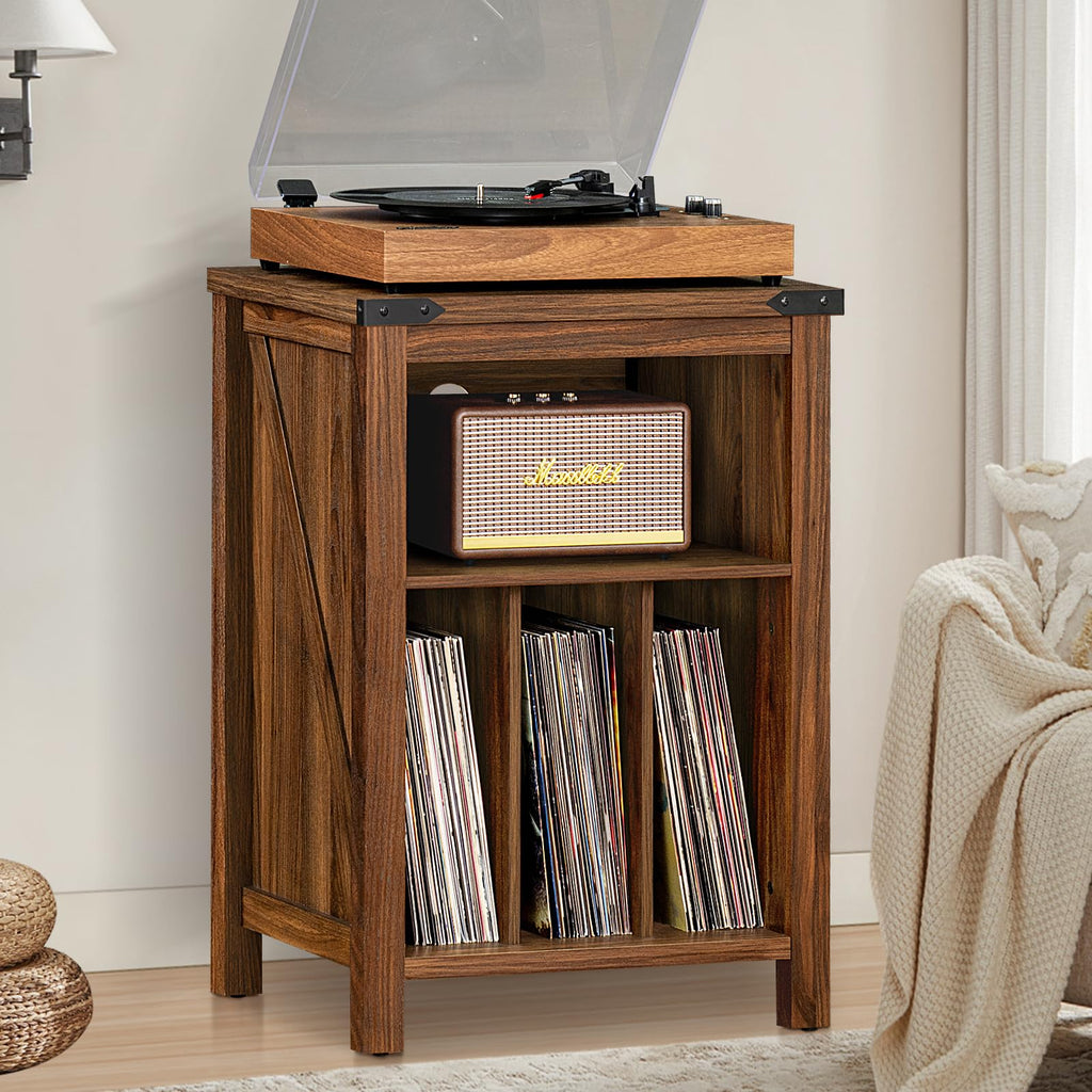 Record Player Stand with Vinyl Record Storage, Rustic Brown