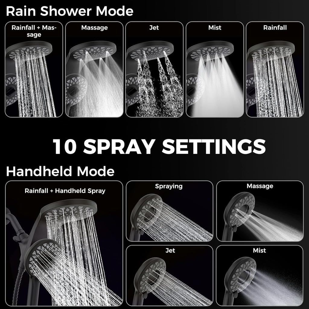 High Pressure Rain Shower Head with Handheld Spray Combo: Detachable Dual Shower Head with 10 Sprays Modes