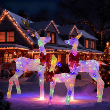 3-Piece Pre-Lit 3D Reindeer Family Decor, Outdoor Christmas Deer Set with Cool White & Colorful LED Lights,Waterproof