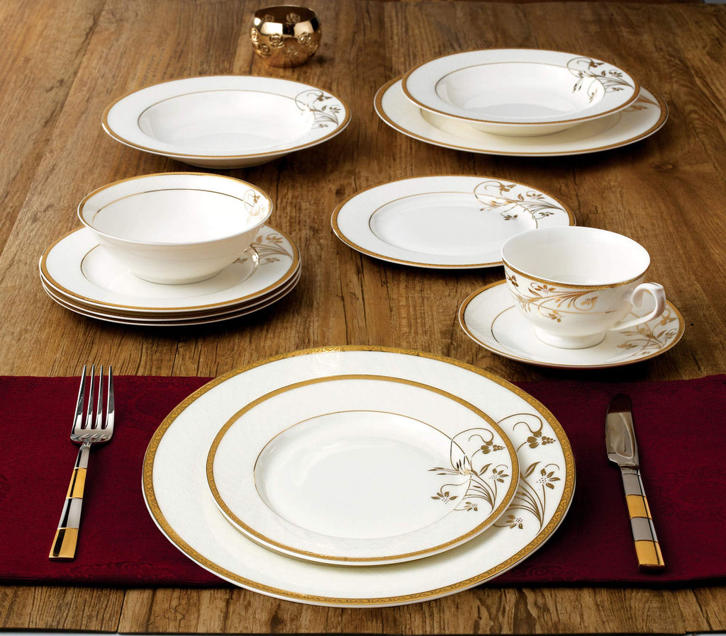 La Luna Bone China 57-Piece 24K Gold Floral Design Dinnerware Set, Service for 8