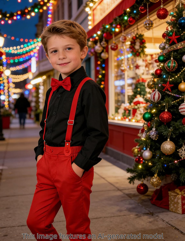 Toddler Suit Boys Suspender Dress Outfit & Bow Tie