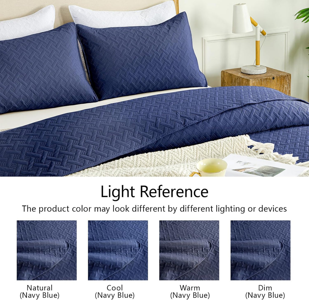 King Quilt Set - Soft Navy Blue Quilts Lightweight Microfiber Bedspread - Classic Basket Weave Pattern Bedspreads