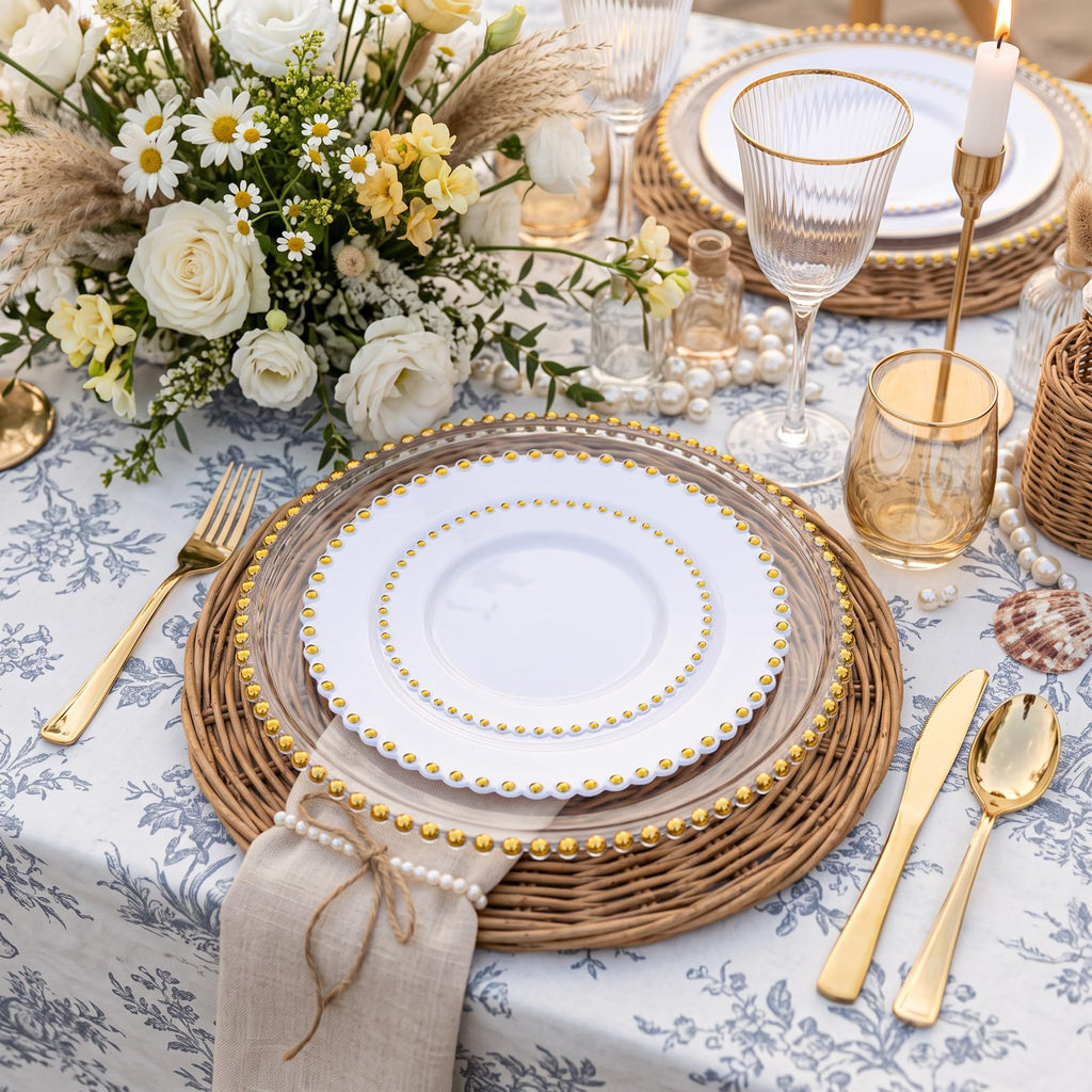 12Pcs 13" Clear Gold Beaded Rim Plastic Chargers for Dinner Plates