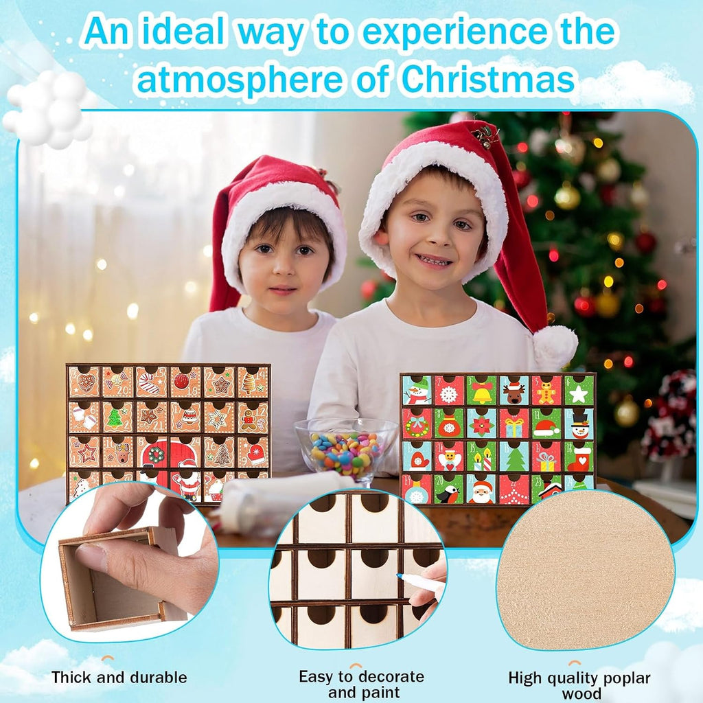 2 Pcs Wooden Advent Calendar 24 Drawers DIY Unfinished Christmas Box
