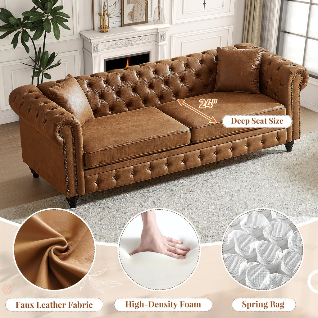 Chesterfield Sofa, Loveseat High-Tech Fabric Couch with Pillows & Button Tufted Back, Mid Century Modern Couch with