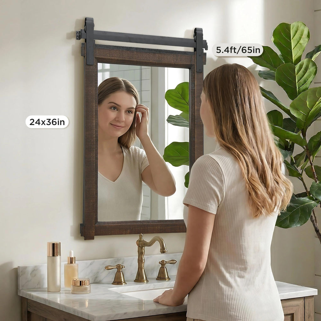 Farmhouse Bathroom Vanity Mirror: 24"x36" Brown Rustic Barn Door