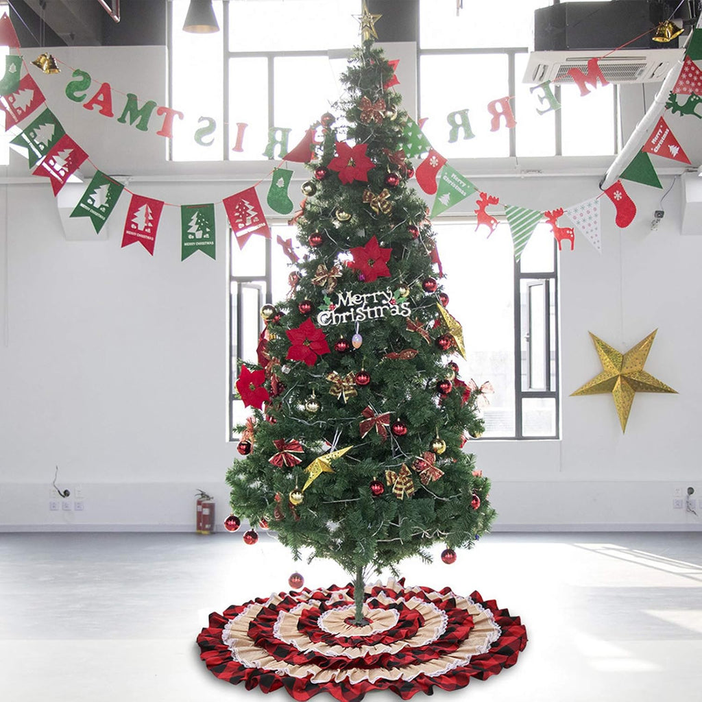 48 Inches Christmas Tree Skirts, Burlap Red and Black Buffalo Check Xmas Tree Base Cover for Xmas New Year Home Party