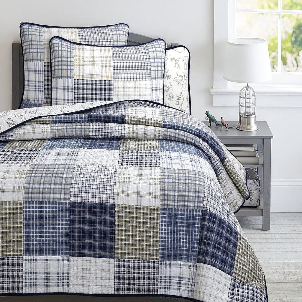 Cute Dinosaur Plaid Navy Blue White Grey Bedding Quilt Set 100% Cotton Reversible Coverlet Bedspread Set for