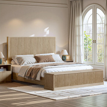 Fluted Oak King Bed Frame with 51'' Headboard & Storage Bench