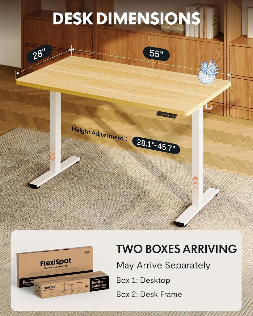 EN1 55"x28" One-Piece Standing Desk, Maple | 1" Thick Seamless Desktop, 176 LBS Capacity, Home Office Use, 4 Memory