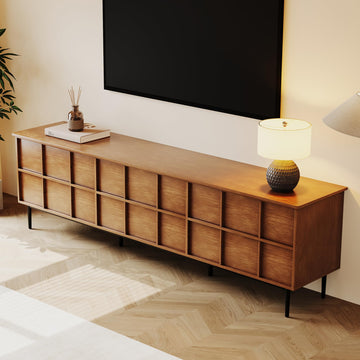 86 Inch Mid Century Modern TV Stand, Solid Wood Media Console with 6-Drawer Storage, Sideboard
