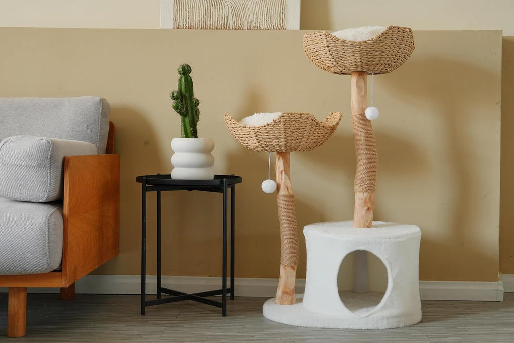 Natural Modern Cat Tree Tower - Wooden Cat Condo with Dangling Ball, Cozy Baskets, Scratching Posts, for Large Indoor