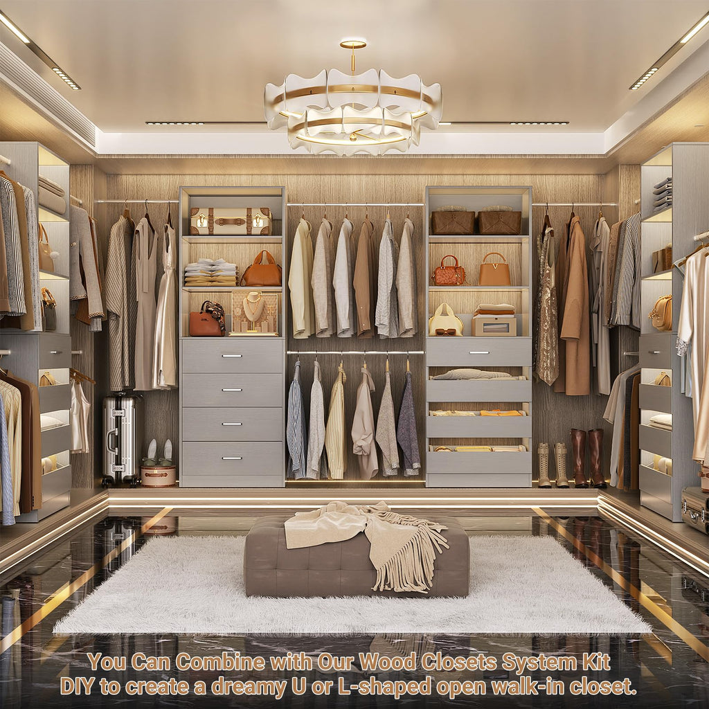 Closet System, 6-15Ft Closet Organizer with 8 Wooden Drawers