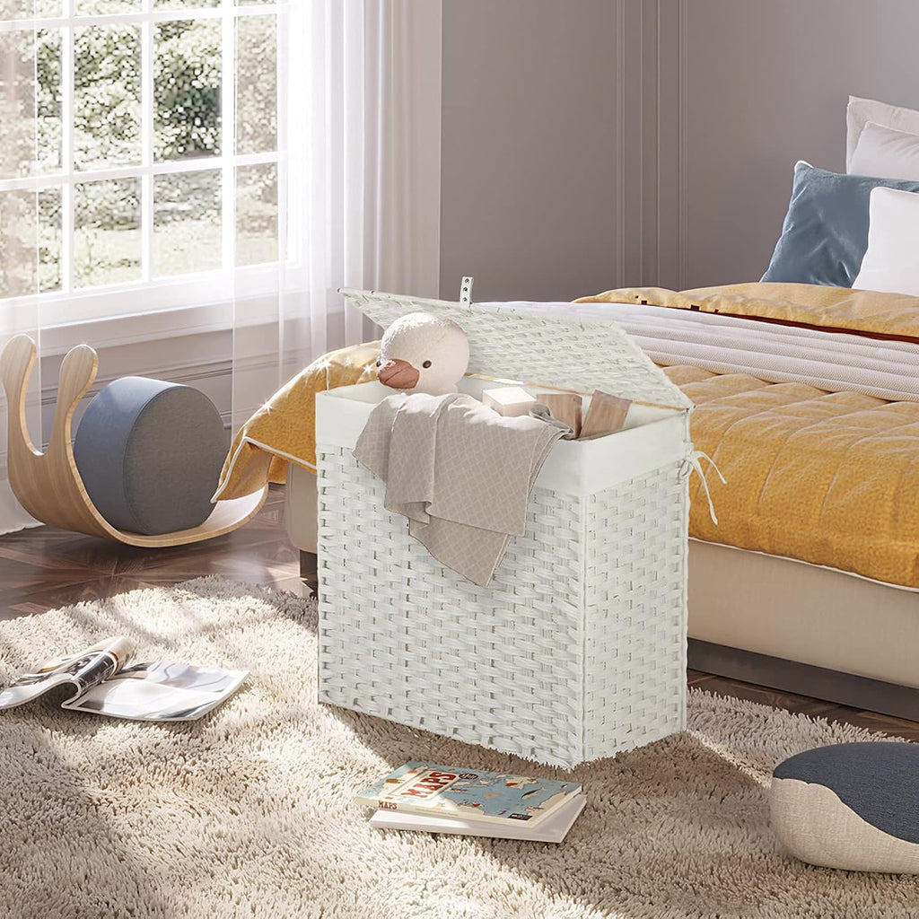 Laundry Hamper with Lid, 125L Large Clothes Hamper with 3 Section & 2 Section Removable Liner Bags & 5 Mesh Laundry