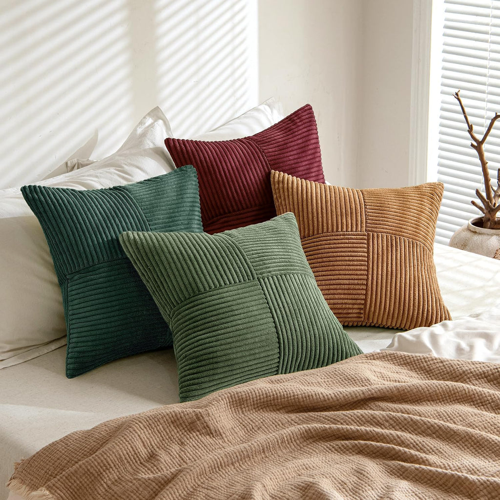Boho Christmas Green Decorative Throw Pillow Covers 20x20 Farmhouse Cushion Covers Color-Clash Corduroy - Set of 4