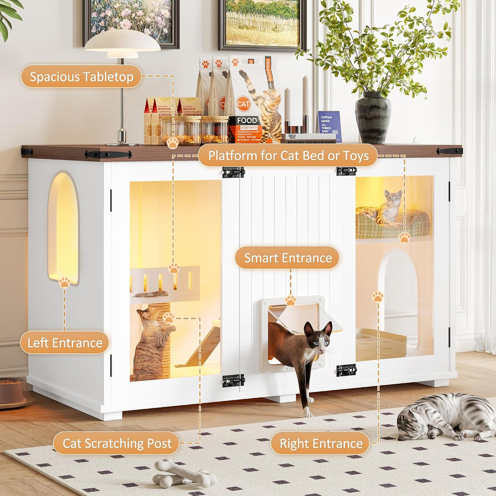 Farmhouse Cat Litter Box Enclosure with Stairs and Scratching Post, 47" Dual-Acrylic Door Cats House with LED Light