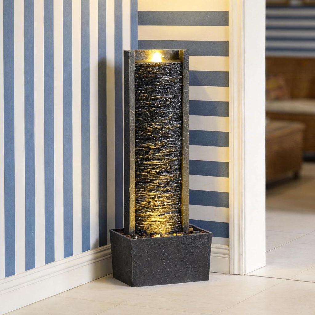 Outdoor Floor Standing Water Fountain with LED Lights, 36-Inch Modern Rectangular Cascading Waterfall Feature