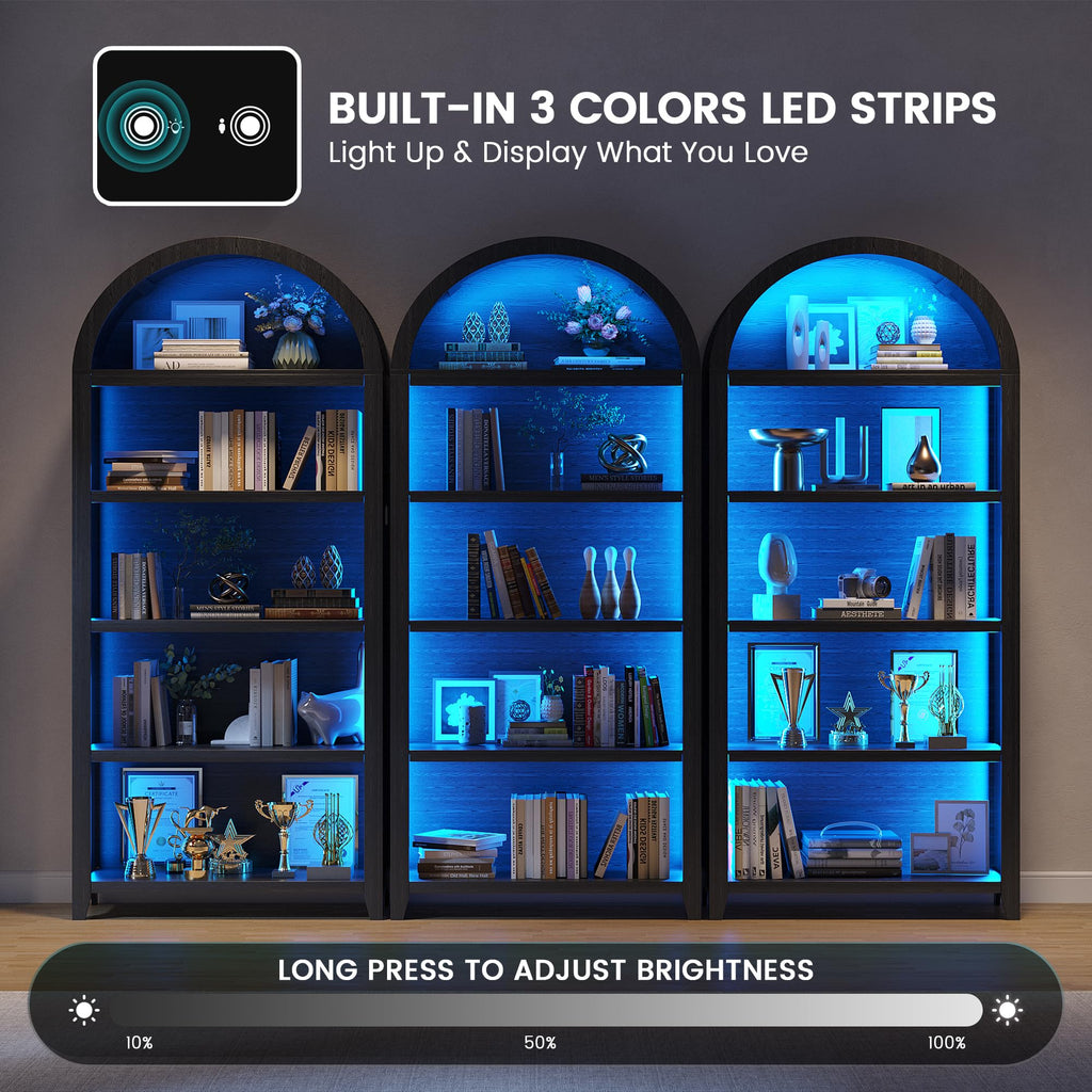 5-Tier Arched Bookcase with 3-Color Lights & Motion Sensor, Black