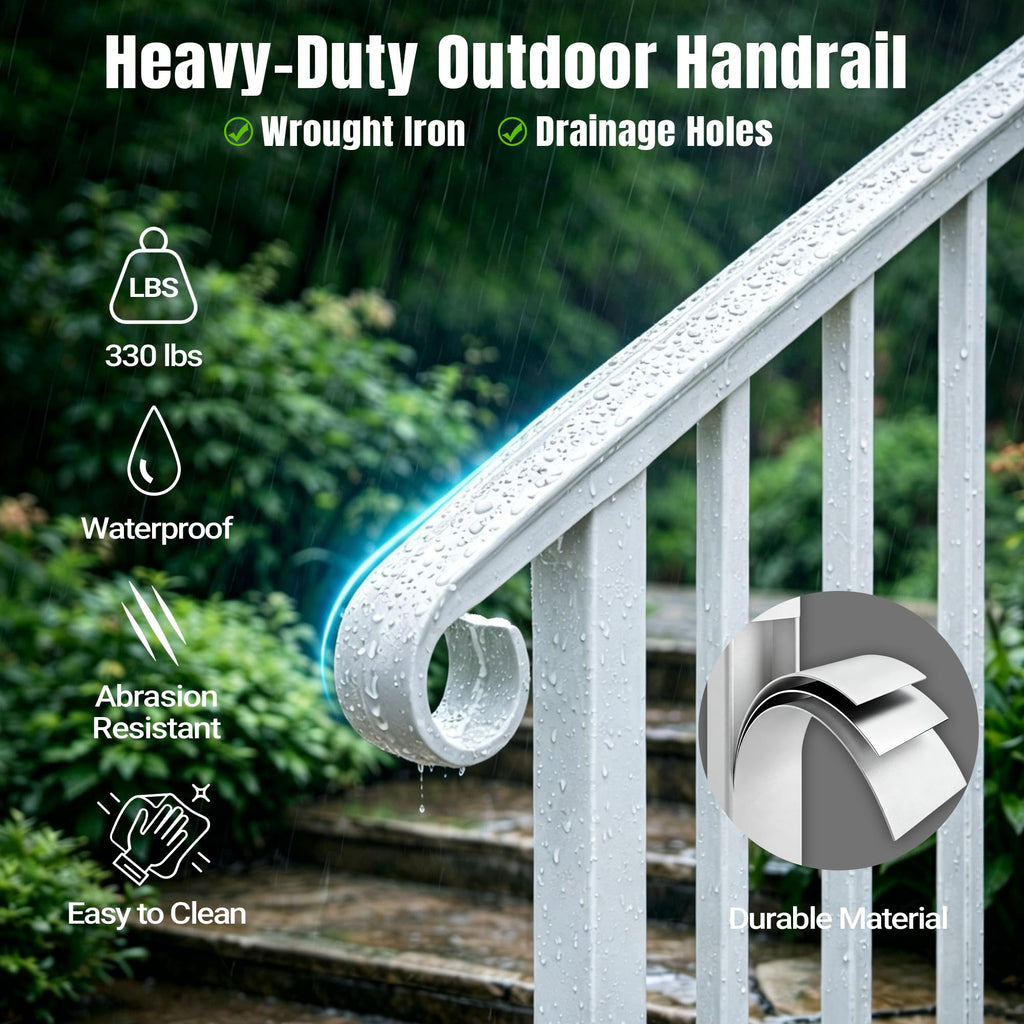 2 Pack 5 Step Handrails for Outdoor Steps, Wrought Iron Stair Railing Fits 4 or 5 Steps, Metal Hand Rail with