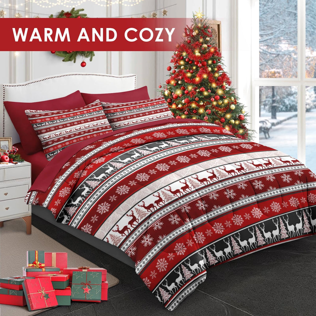 Full Christmas Comforter Set with Sheets, 7 Pieces Boho Bedding