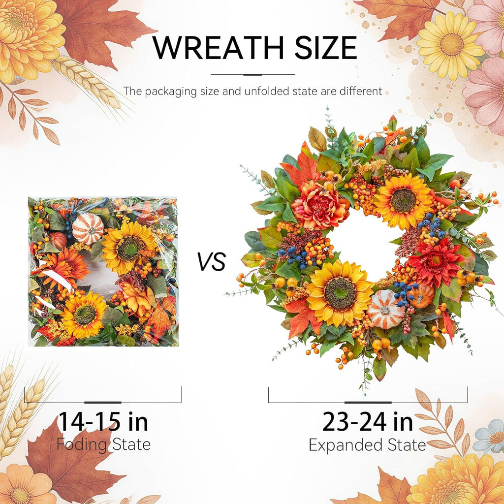 24 Inch Harvest Fall Wreaths for Front Door Outside with Sunflowers
