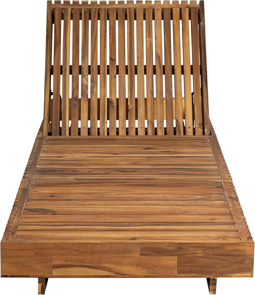 Outdoor Chaise Lounge Chair, Patio Lounge Chair, Solid Acacia Wood Pool Lounger, 6-Position Adjustable Backrest